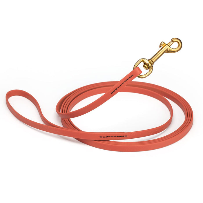 Coral waterproof dog collar with brass hardware, 3/8 inch width, 15 feet length, made from Biothane