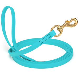 Sky Blue leash for dogs with brass snap hook, 5/8 inch wide, 15 feet long, made from waterproof Biothane