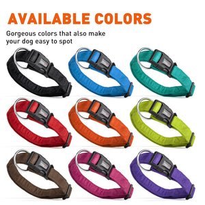 Fabric collar for dogs with quick release buckle and metal ring, 9 color options