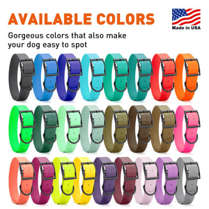 Waterproof collars for large dogs with black buckle, made from Biothane, 1.5 inches wide, 16 to 20 inches long, 26 colors available