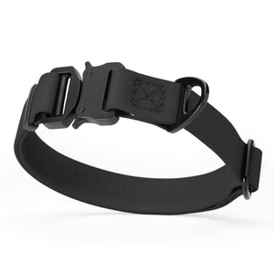 Black dog collar with black metal buckle and D-ring, adjustable, smell resistant and waterproof