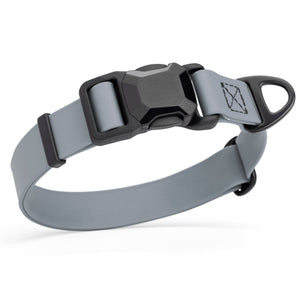 Battleship Gray waterproof dog collar with black magnetic buckle and metal D-ring, made from Biothane, 1 inch wide
