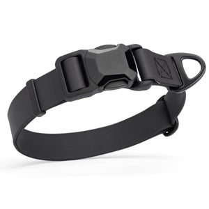 Black waterproof dog collar with black magnetic buckle and metal D-ring, made from Biothane, 1 inch wide