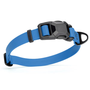 Cerulean blue dog collar with black magnetic buckle and metal D-ring, made from waterproof Biothane, adjustable, 3/4 inches wide
