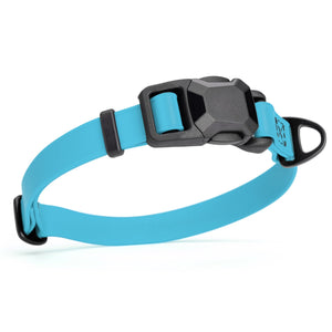 Sky blue dog collar with black magnetic buckle and metal D-ring, made from waterproof Biothane, adjustable, 3/4 inches wide