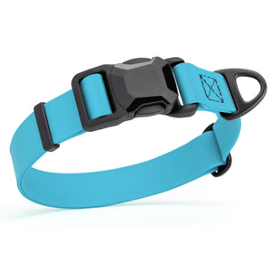 Sky blue waterproof dog collar with black magnetic buckle and metal D-ring, made from Biothane, 1 inch wide