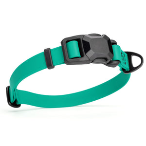 Teal dog collar with black magnetic buckle and metal D-ring, made from waterproof Biothane, adjustable, 3/4 inches wide