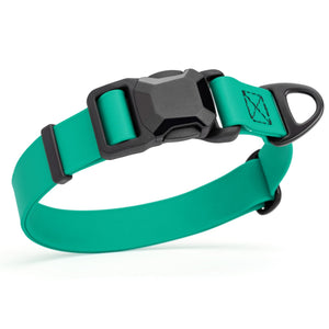 Teal waterproof dog collar with black magnetic buckle and metal D-ring, made from Biothane, 1 inch wide