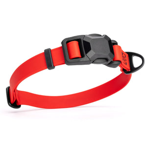 Cherry red dog collar with black magnetic buckle and metal D-ring, made from waterproof Biothane, adjustable, 3/4 inches wide