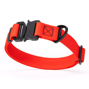 Red dog collar with black metal buckle and D-ring, adjustable, smell resistant and waterproof