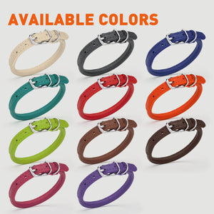 Leather collars for dogs with metal buckle and ring, round design, 11 colors available