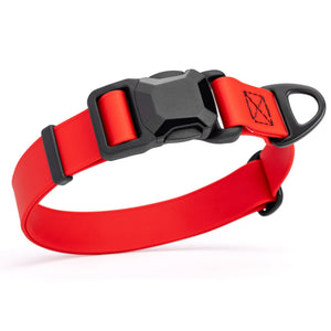 Cherry red waterproof dog collar with black magnetic buckle and metal D-ring, made from Biothane, 1 inch wide