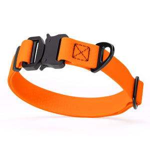 Orange dog collar with black metal buckle and D-ring, adjustable, smell resistant and waterproof