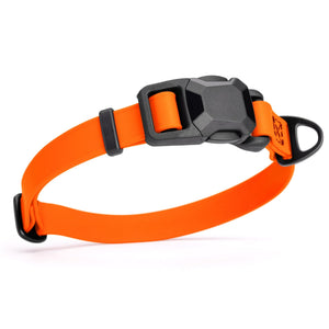Hunter orange dog collar with black magnetic buckle and metal D-ring, made from waterproof Biothane, adjustable, 3/4 inches wide
