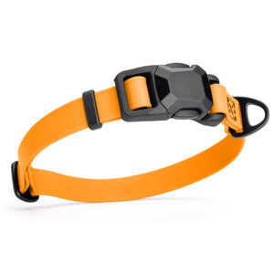 Tangerine dog collar with black magnetic buckle and metal D-ring, made from waterproof Biothane, adjustable, 3/4 inches wide