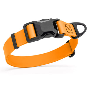 Tangerine waterproof dog collar with black magnetic buckle and metal D-ring, made from Biothane, 1 inch wide