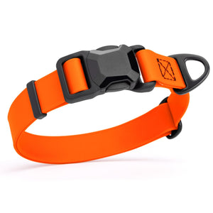 Hunter orange waterproof dog collar with black magnetic buckle and metal D-ring, made from Biothane, 1 inch wide