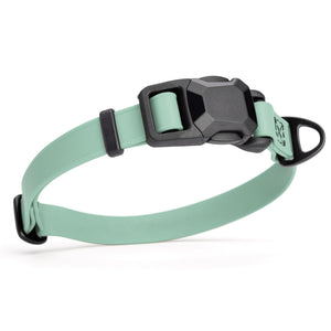 Sage Green dog collar with black magnetic buckle and metal D-ring, made from waterproof Biothane, adjustable, 3/4 inches wide
