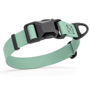 Sage Green waterproof dog collar with black magnetic buckle and metal D-ring, made from Biothane, 1 inch wide