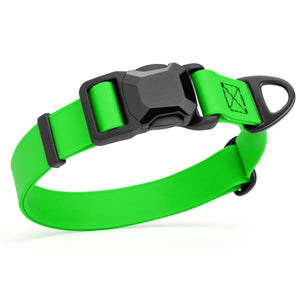 Tropical Green waterproof dog collar with black magnetic buckle and metal D-ring, made from Biothane, 1 inch wide