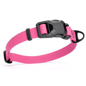 Passionfruit Pink dog collar with black magnetic buckle and metal D-ring, made from waterproof Biothane, adjustable, 3/4 inches wide