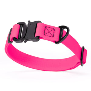 Pink dog collar with black metal buckle and D-ring, adjustable, smell resistant and waterproof