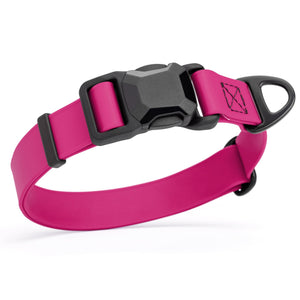 Magenta Pink waterproof dog collar with black magnetic buckle and metal D-ring, made from Biothane, 1 inch wide