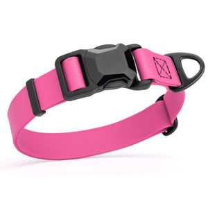 Passionfruit Pink waterproof dog collar with black magnetic buckle and metal D-ring, made from Biothane, 1 inch wide