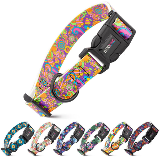 Biothane dog collars with printed design, quick release buckle and D-ring, adjustable; Magic Mushrooms, Blue Aztec, Bottoms Up, Vibrant Snowflakes, Wonderland Flowers, Comics, Creatures and 39 other design options available