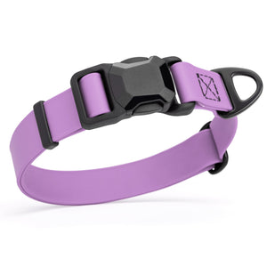 Amethyst Purple waterproof dog collar with black magnetic buckle and metal D-ring, made from Biothane, 1 inch wide