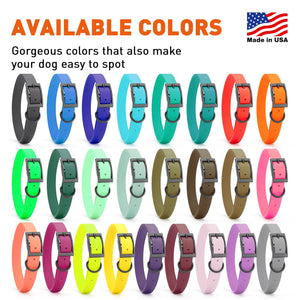 Waterproof Biothane collars for dogs with traditional belt buckle are available in 26 colors