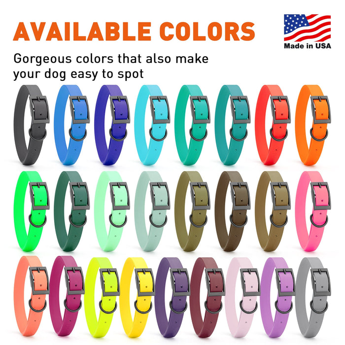 Waterproof Biothane collars for dogs with traditional belt buckle are available in 26 colors