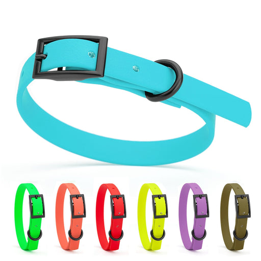 Waterproof collar for dogs with black hardware, made from Biothane, 9 to 12 inches long; sky blue, green, coral, red, yellow, amethyst purple, olive and 19 other color options