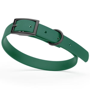 Hunter Green Biothane dog collar with metal hardware, 5/8 inch wide, adjustable