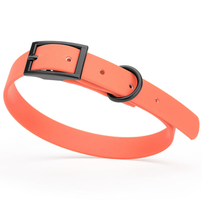 Coral Biothane dog collar with metal hardware, 5/8 inch wide, adjustable