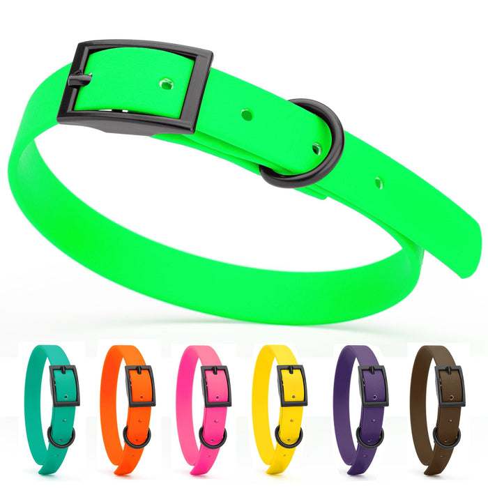 Waterproof collars for dogs with black buckle, made from Biothane, 12 to 15 inches long; green, aqua blue, orange, pink, yellow, violet, dark brown and 19 other color options