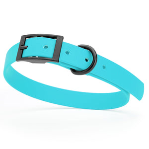 Sky Blue Biothane dog collar with black buckle and D-ring, 3/4 inch wide, adjustable