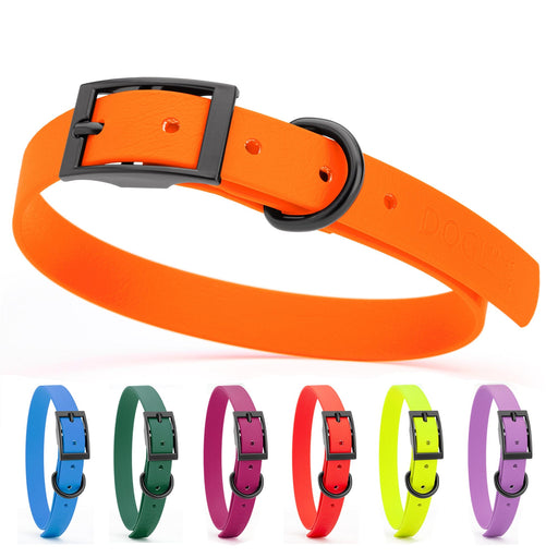 Biothane collar for dogs with black hardware, waterproof and odor resistant, 15 to 18 inches long; orange, blue, hunter green, magenta, red, yellow, amethyst purple and 19 other color options