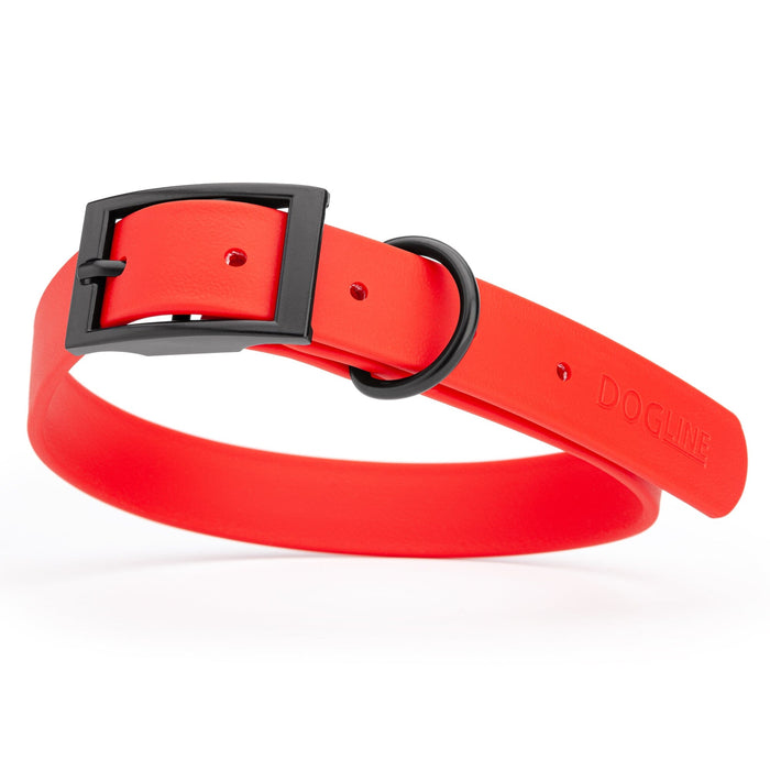 Waterproof Cherry Red dog collar with belt buckle, 1 inch wide, made from Biothane