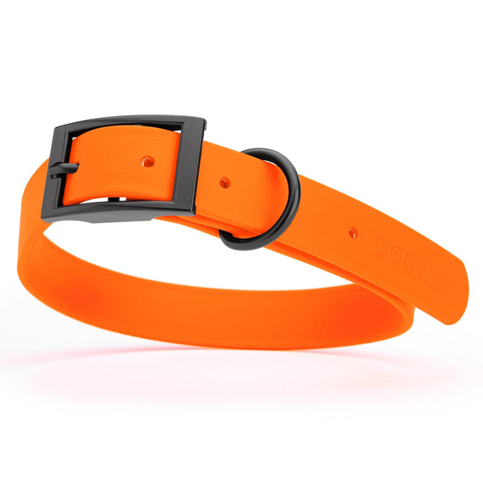 Waterproof Hunter Orange dog collar with belt buckle, 1 inch wide, made from Biothane