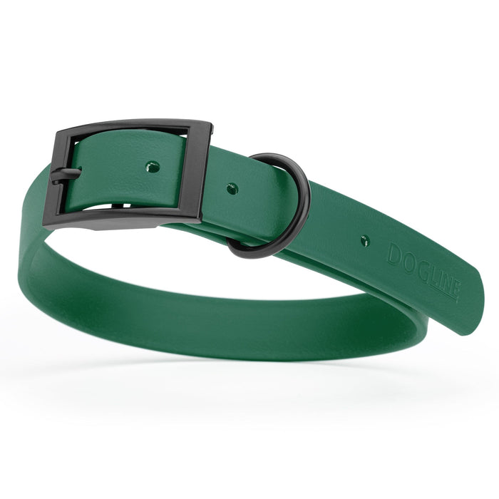 Waterproof Hunter Green dog collar with belt buckle, 1 inch wide, made from Biothane