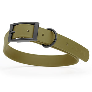 Waterproof Olive Drab Green dog collar with belt buckle, 1 inch wide, made from Biothane