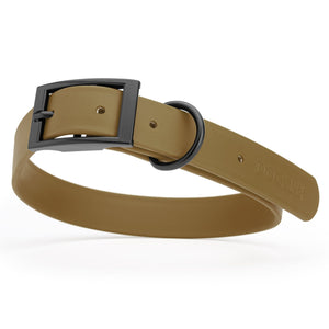 Waterproof Coyote Brown dog collar with belt buckle, 1 inch wide, made from Biothane