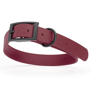 Waterproof Merlot Burgundy dog collar with belt buckle, 1 inch wide, made from Biothane