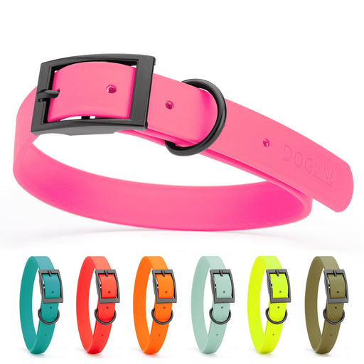 Waterproof collar for dogs with black buckle, made from Biothane, 18 to 22 inches long; pink, aqua blue, red, orange, sage green, yellow, olive and 19 other color options