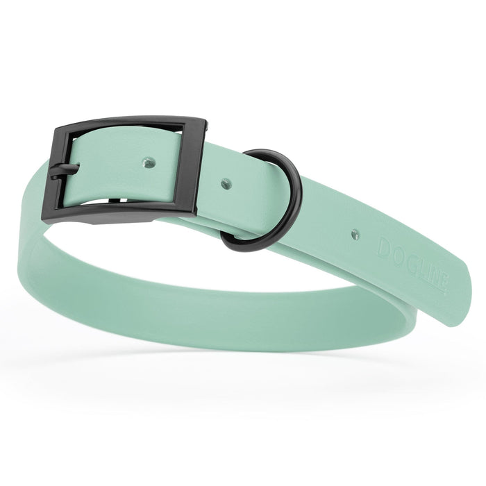 Waterproof Sage Green dog collar with black metal buckle and D-ring, made from Biothane, width: 1 inch, large