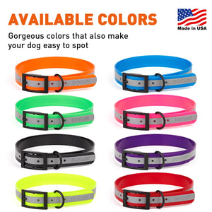 Translucent reflective collars for dogs with black buckle and D-ring, made from Biothane, 8 color options