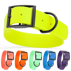 Waterproof collar for large dogs with black buckle, made from Biothane, 1.5 inches wide, 16 to 20 inches long; yellow, coral, orange, seafoam, blue, violet and 20 other color options