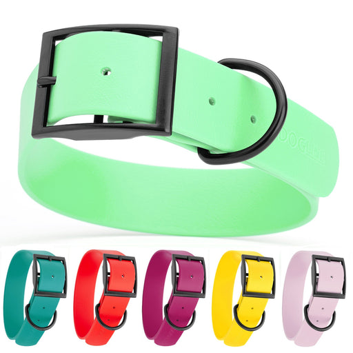 Waterproof collar for large dogs with black buckle, made from Biothane, 1.5 inches wide, 20 to 24 inches long; seafoam green, blue aqua, red, magenta, yellow, pastel and 20 other color options