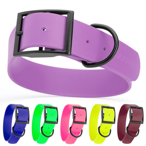 Waterproof collars for large dogs with black buckle, made from Biothane, 1.5in wide, 24in to 28in long; amethyst purple, blueberry, green, pink, yellow, burgundy and 20 other color options